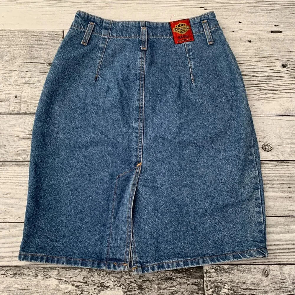 Vintage 80s 90s Hollywood Stonewash Denim Pleated Jean Pencil Skirt - Picture 4 of 12